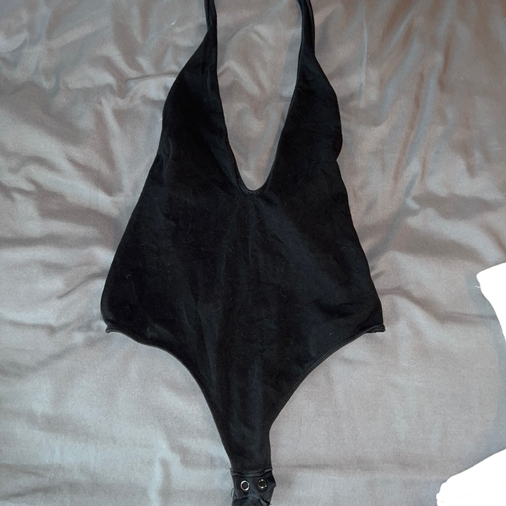 Black Halter Neck Deep Cut Thong Bodysuit
